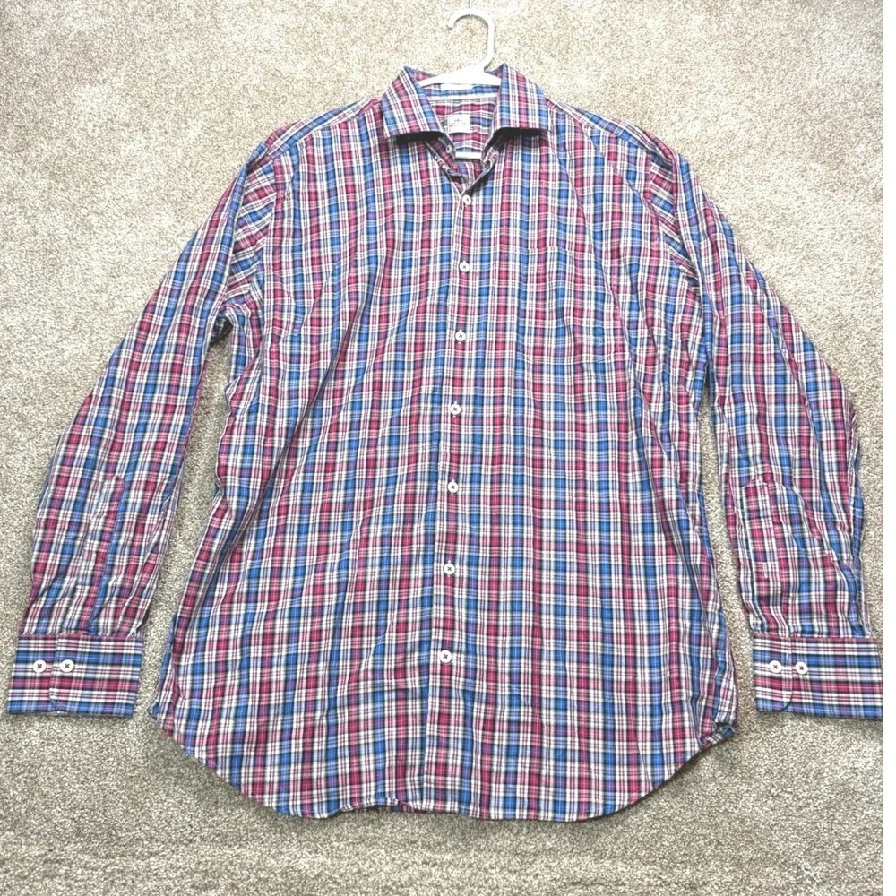 Peter Millar Crown Mens Large Plaid Button‎ Down Shirt Blue Pink Long Sleeve